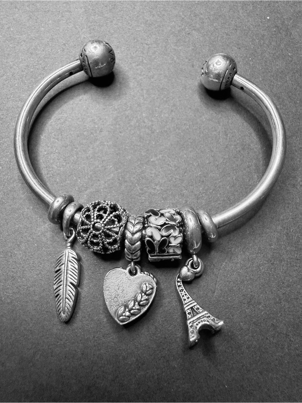 Pandora Silver Charm Cuff Bracelet with 5 charms